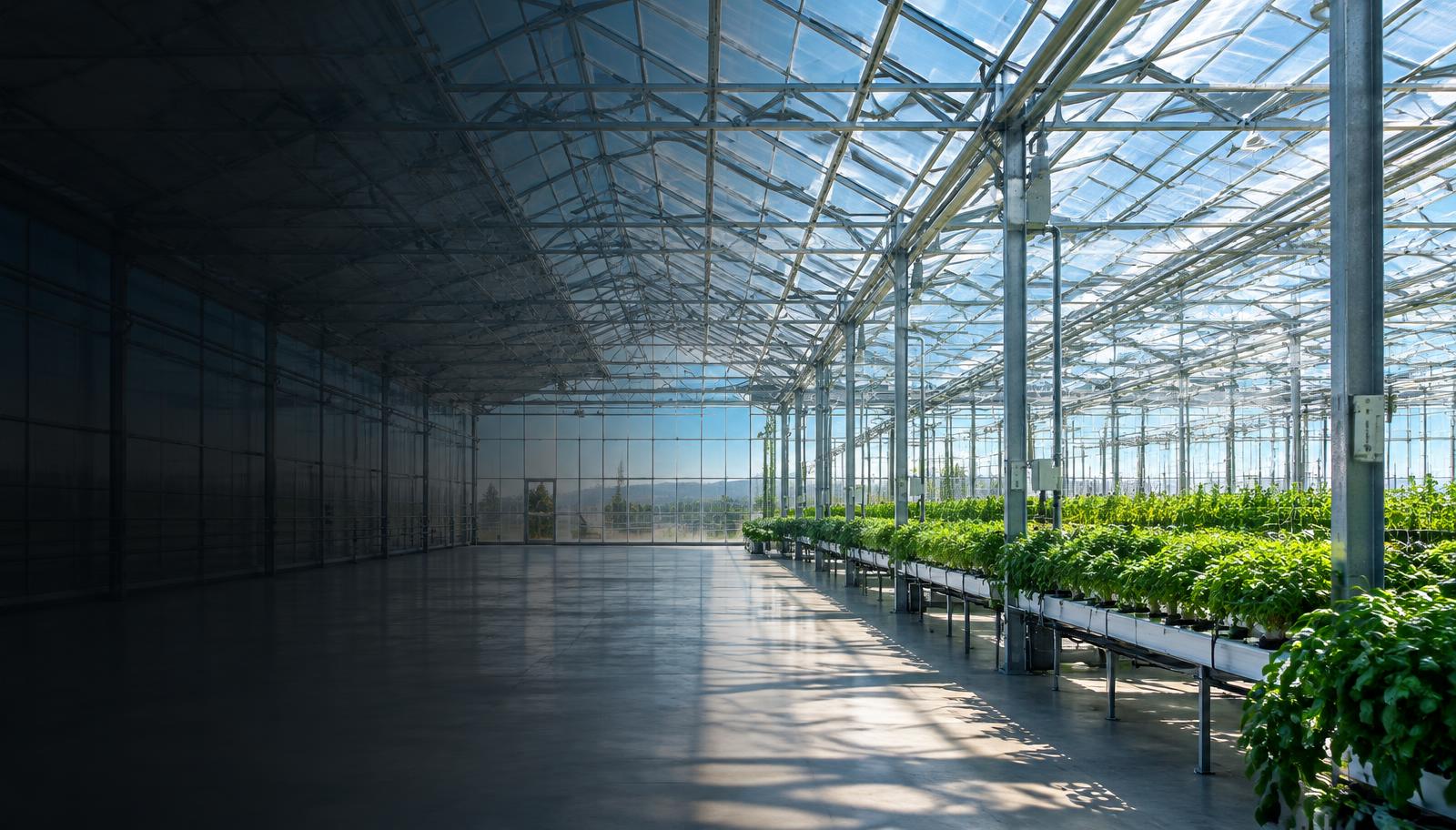 Interior of a commercial greenhouse built with steel framing
